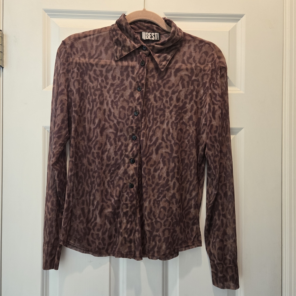 Vintage Blouse M Leopard Printed Brown Collared Animal Neutral Button Down Shirt